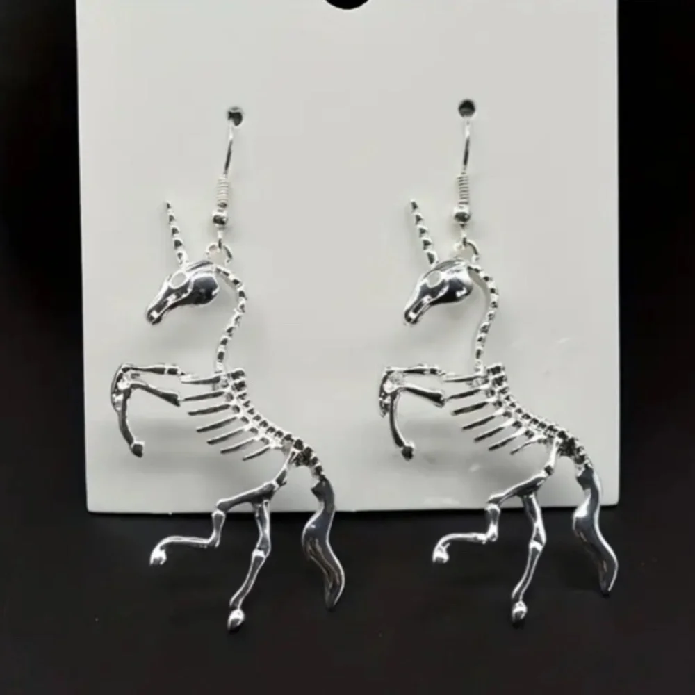 NIP Silver Tone Metal Unicorn Skeleton Pierced Dangle Earrings!